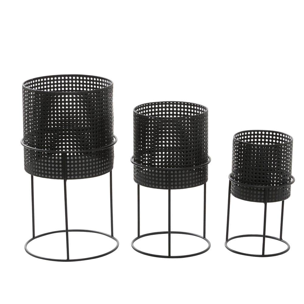 23 in., 19 in., and 15 in. Large Black Metal Indoor Outdoor Woven Planter with Removeable Stands (3- Pack) - Hercitys