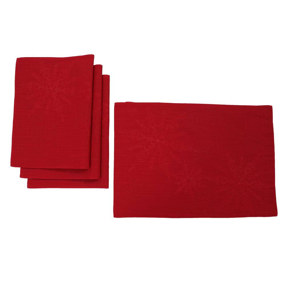 14 in. x 20 in. Red Magical Snowflakes Crewel Embroidered Christmas Placemats (Set of 4), Polyester - Hercitys
