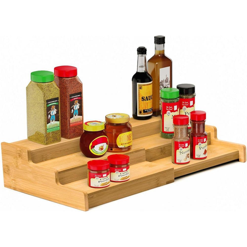 3 Tier Expandable Bamboo Spice Rack Organizer for Kitchen Cabinet Cupboard Pantry with Stepped Design & Adjustable Width - Hercitys