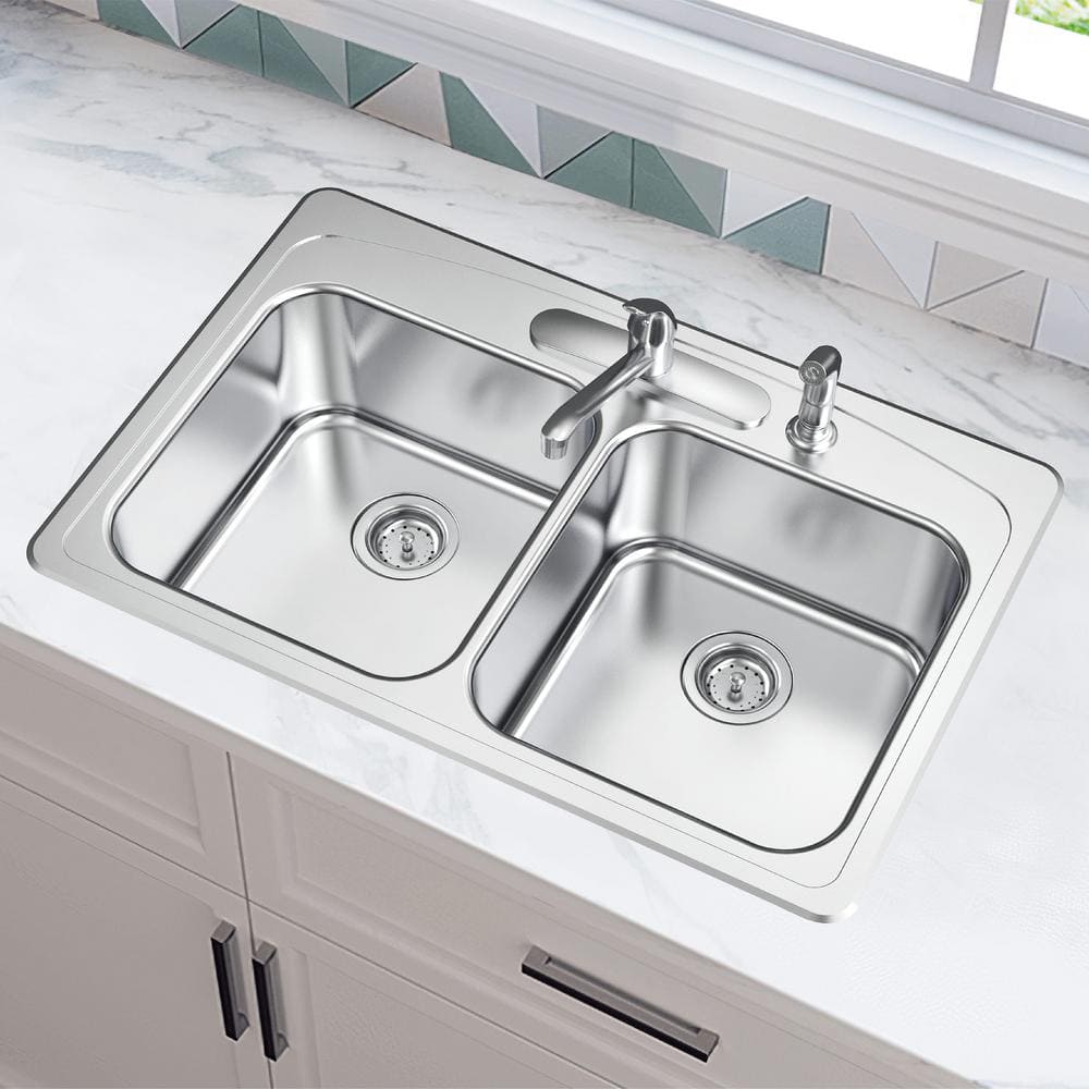 33 in. Drop-In 50/50 Double Bowl 20 Gauge Stainless Steel Kitchen Sink with Accessories - Hercitys