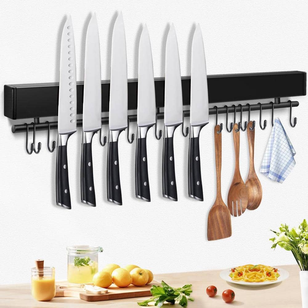 12-Knife 23 in. Stainless Steel Magnetic Knife Holder with 15 Hooks, Black Knife Magnetic Strip, Magnetic Knife Bar - Hercitys