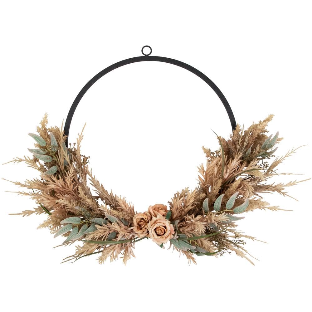 24 in. Unlit Fall Harvest Pale Rose and Thistle with Foliage Artificial Wreath - Hercitys