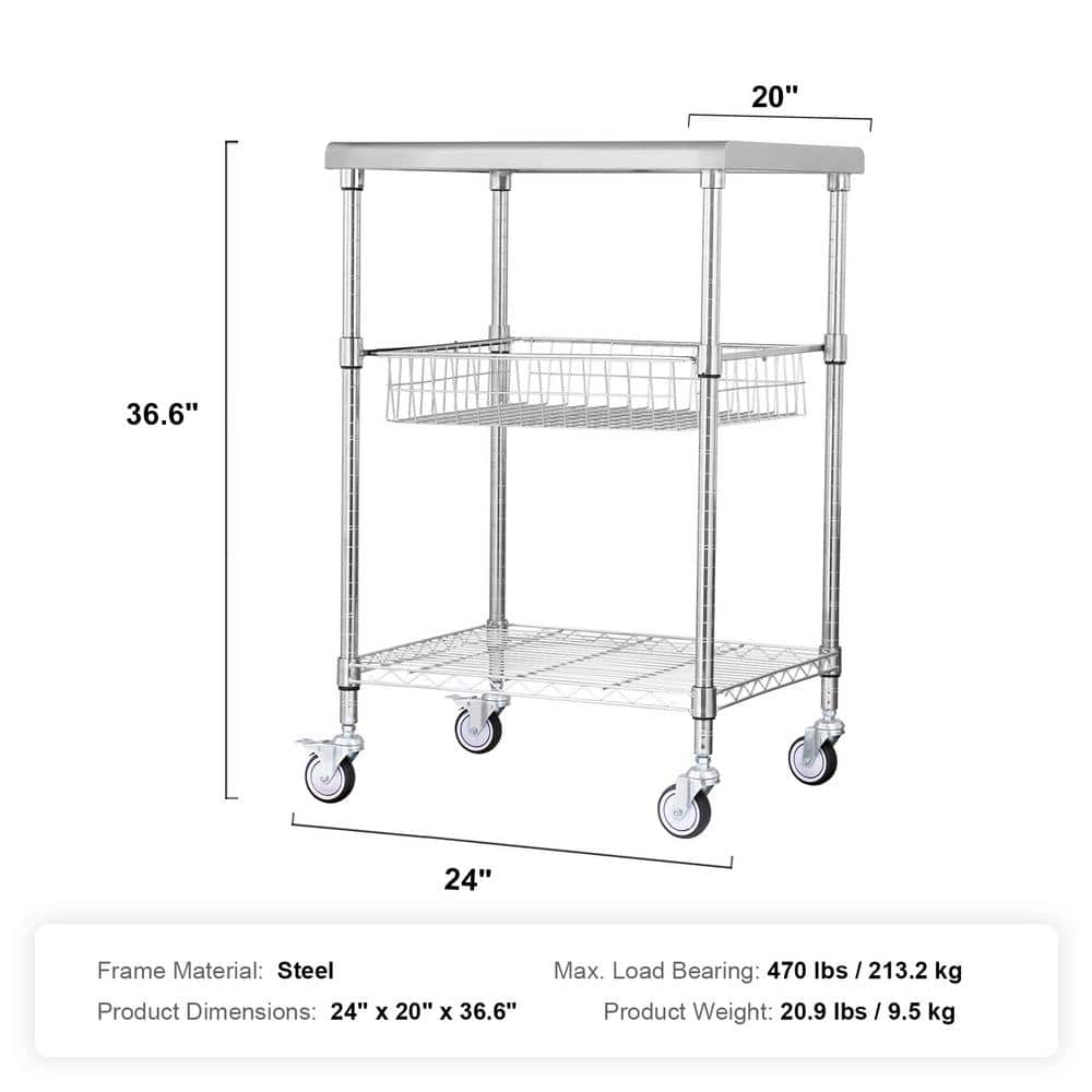 3-Tier Kitchen Cart, 470lbs. Capacity, Wheels, Curved Handle, PP Liner and 6 Hooks - Hercitys