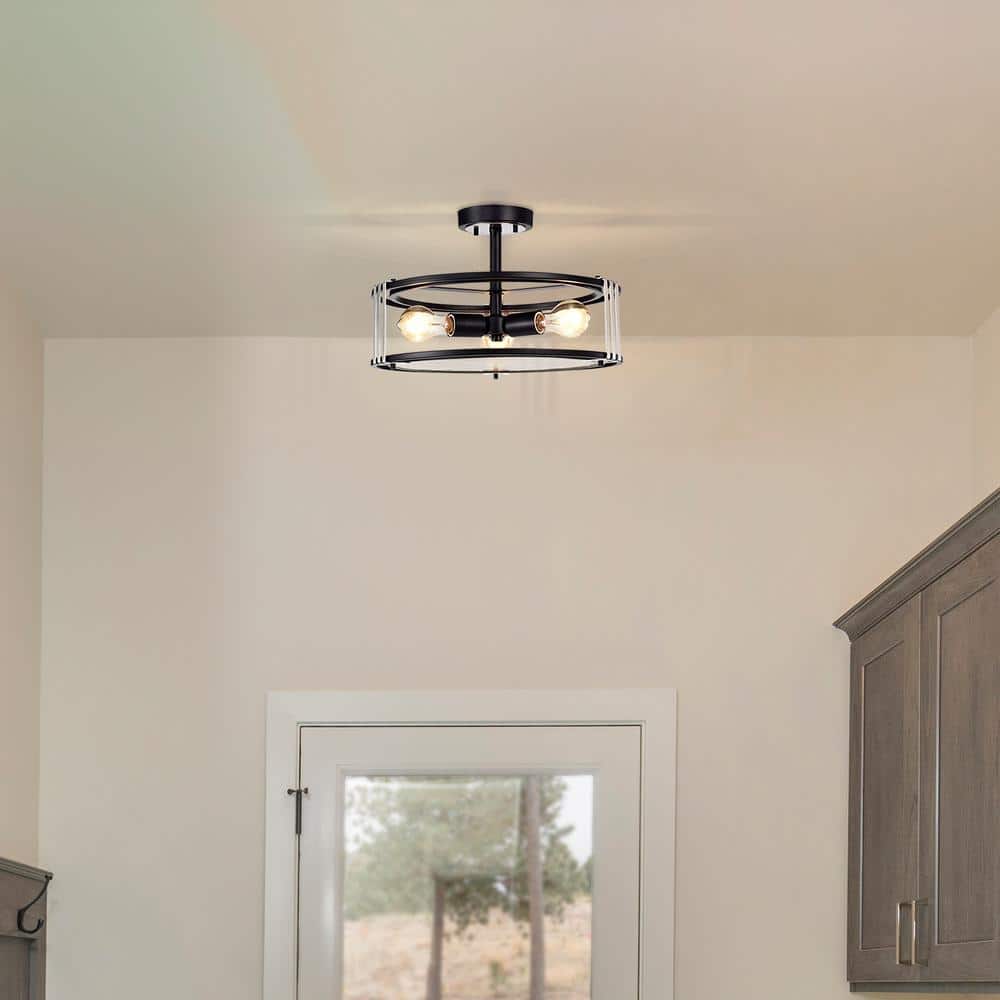 16 in. 3-Light Black and Brushed Nickel Round Semi Flush Mount with Verre Strie Glass - Hercitys