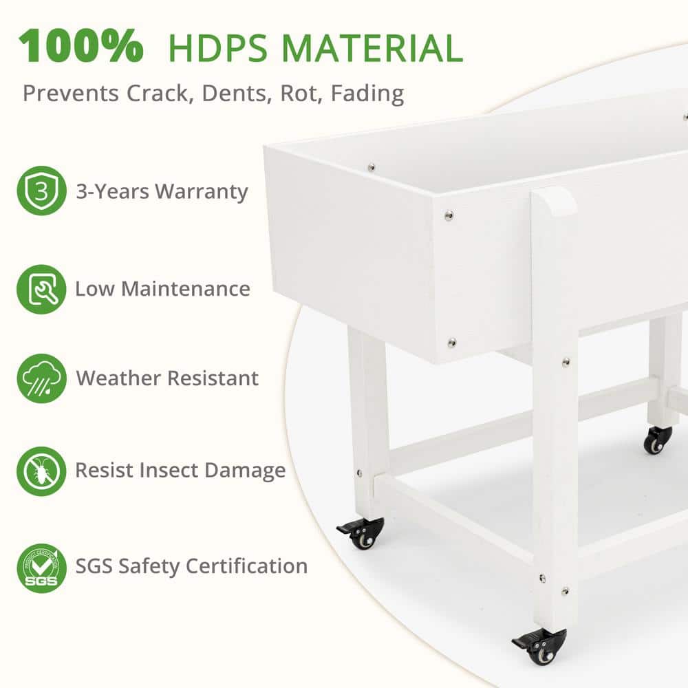 39 in. x 16.7 in. x 28 in. White Plastic Mobile Elevated Garden Beds with Lockable Wheels, Liner - Hercitys