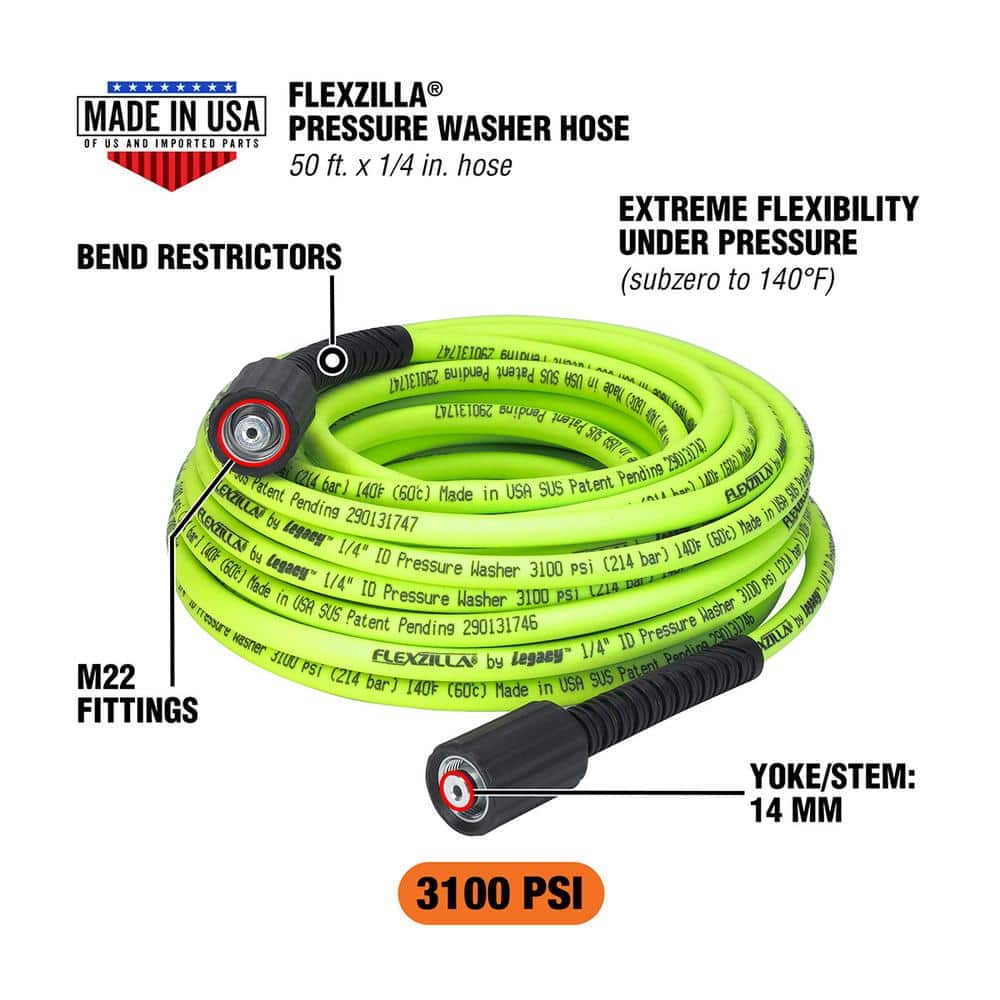 1/4 in. x 50 ft. 3100 PSI M22 Fittings No Kink Flexible Pressure Washer Hose - Hercitys