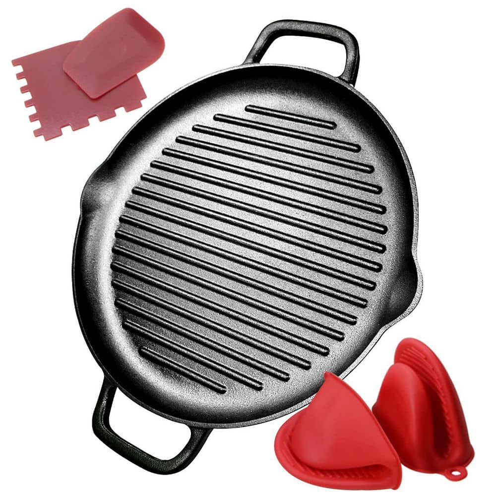 12.6 in. Round Grill Pan with Dual Handles, Pre-Seasoned Cast Iron Griddle Pan for BBQ and Stove Top Cooking - Hercitys