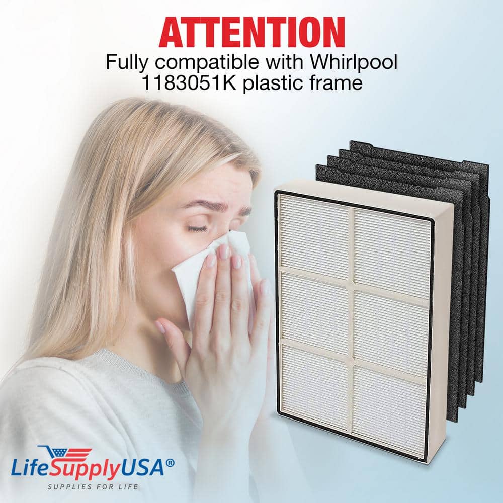 1-True HEPA Replacement Filter plus 4-Carbon Filters Set Compatible with Whirlpool 1183051K PLASTIC FRAME Air Purifiers - Hercitys