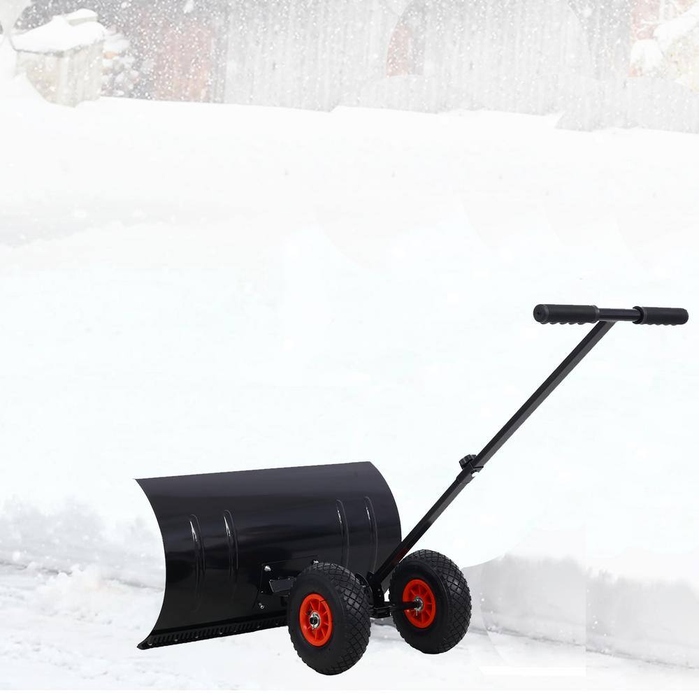 15 in. Steel Angle-Adjustable Handle Steel Heavy-Duty Snow Shovel Rolling Pusher with 29 in. Blade, 10 in. Wheels - Hercitys