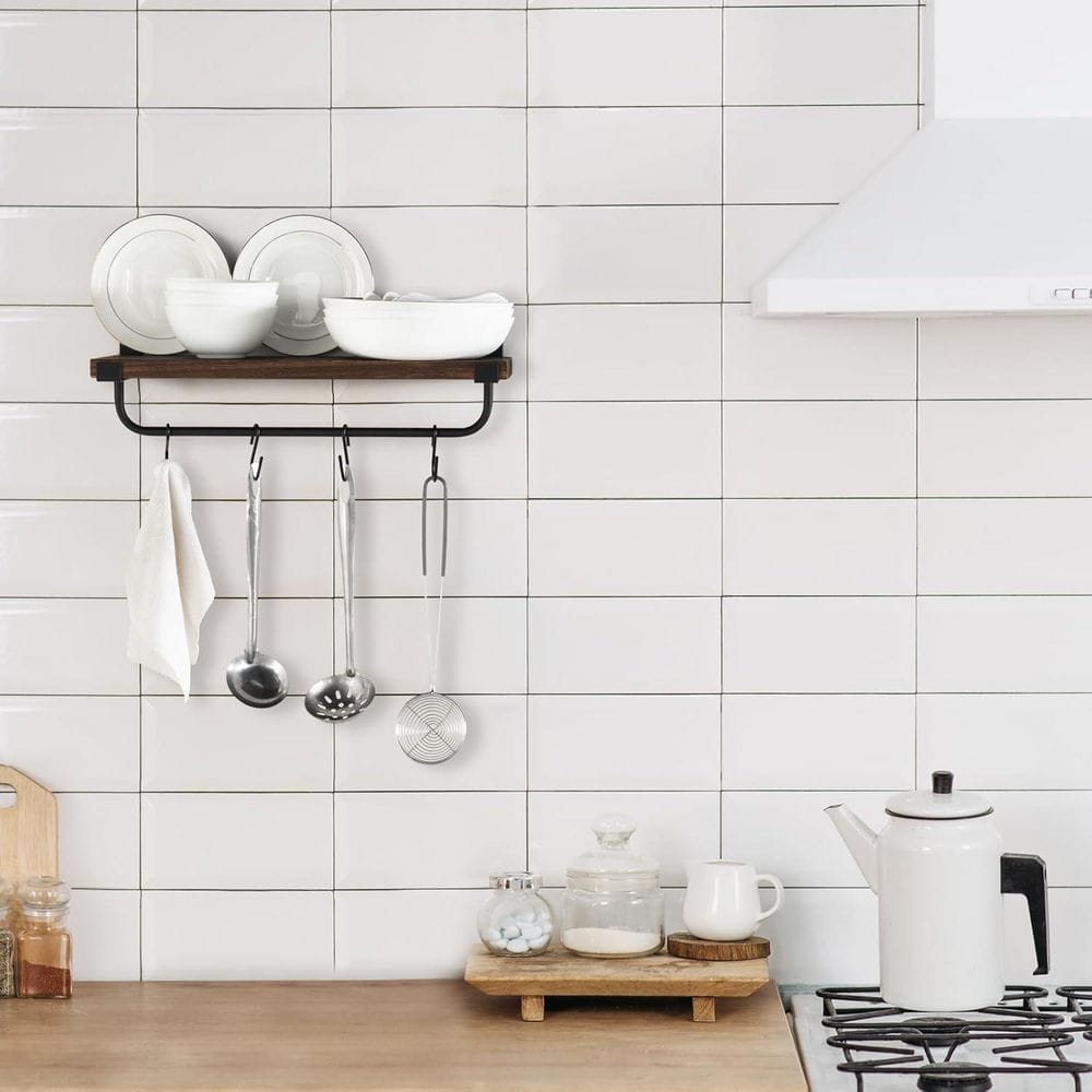 2-Piece Brown Wall Mounted Mug Holder, Coffee Mug Rack, Rustic Wood Floating Shelf, Mug Hook Hanger - Hercitys