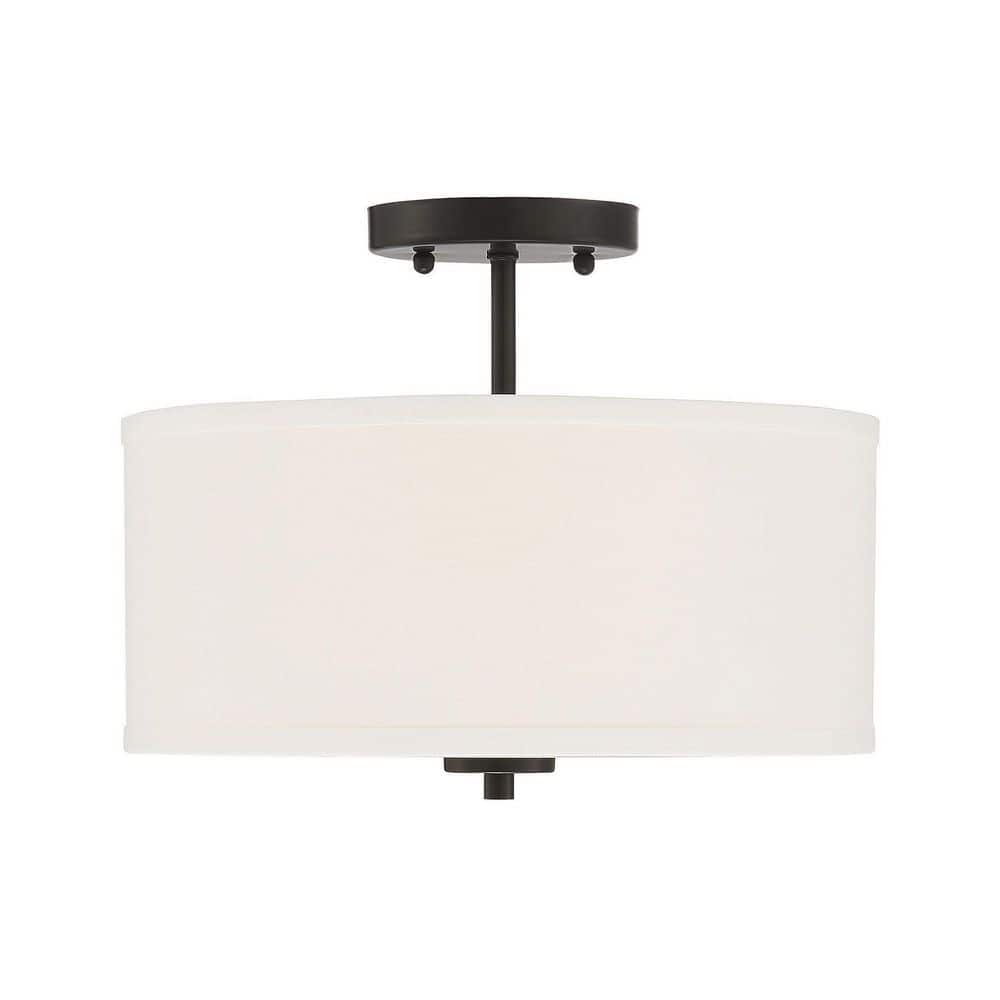 13 in. W x 10 in. H 2-Light Matte Black Semi-Flush Mount Ceiling Light with White Fabric Shade - Hercitys