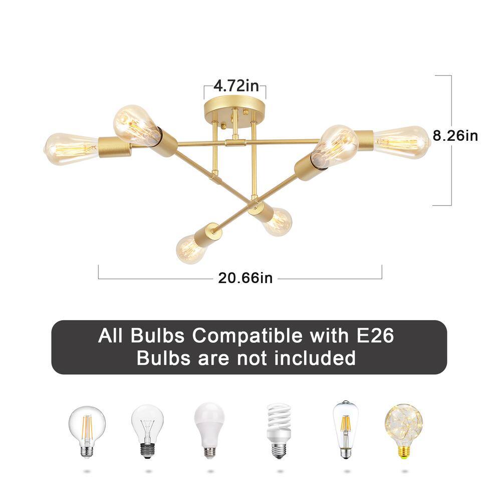20.66 in. 6-Light Gold Sputnik Modern Semi-Flush Mount Ceiling Light - Hercitys
