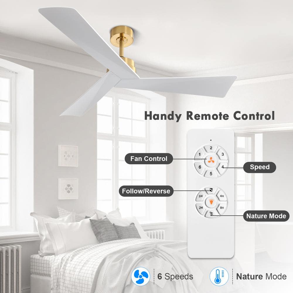 52 in. 3-Blades 6 Fan Speeds Matte Gold and White Ceiling Fan Without Light - Hercitys