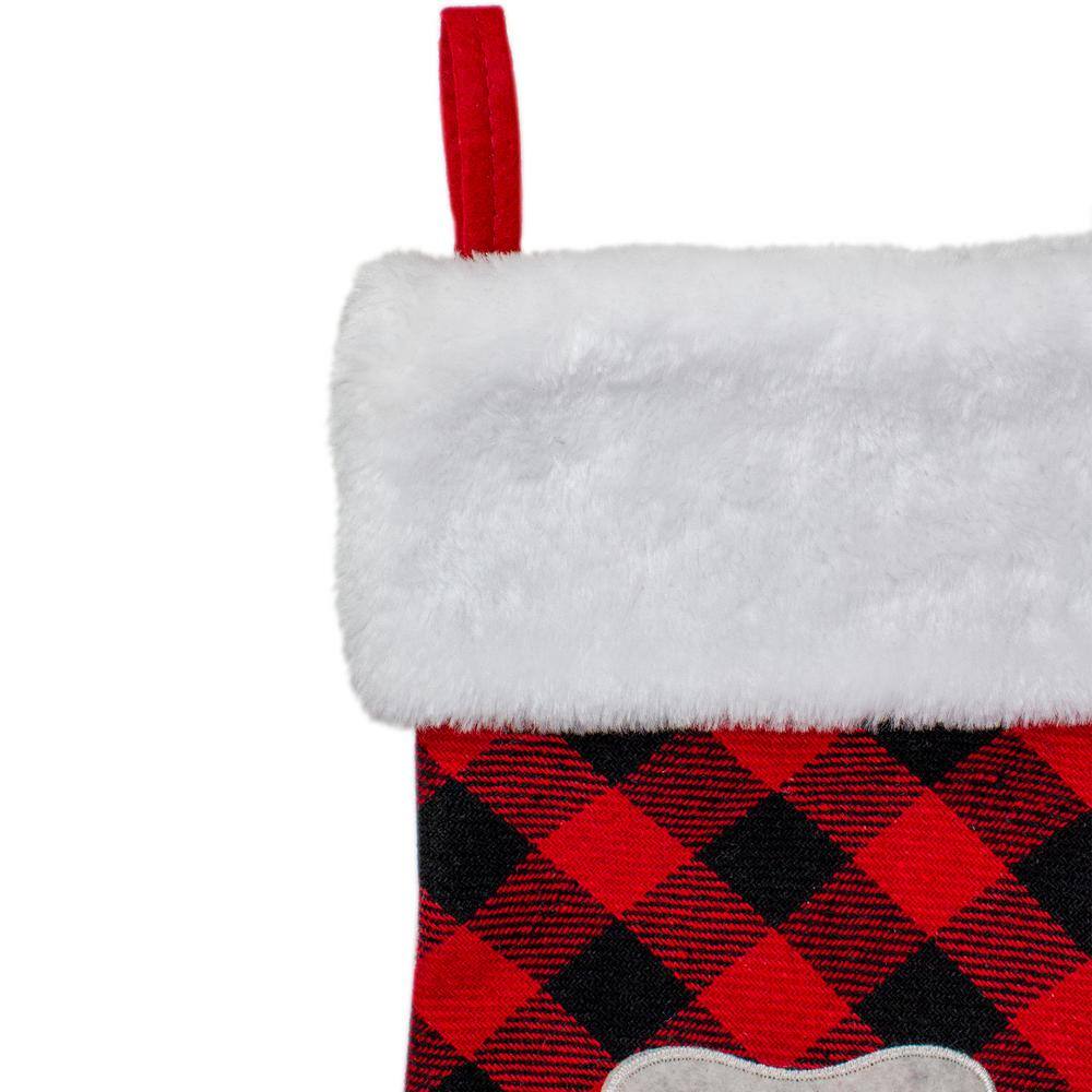15.5 in. Red and Black Buffalo Plaid Polyester Pet Embroidered Christmas Stocking - Hercitys