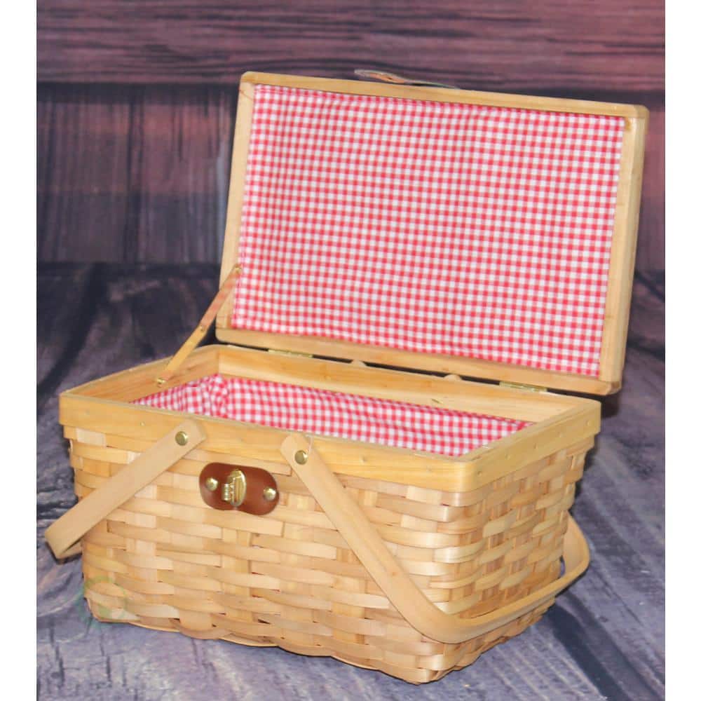 12.5 in. x 7.5 in. x 7.5 in. Picnic Basket Gingham Lined with Folding Handles - Hercitys