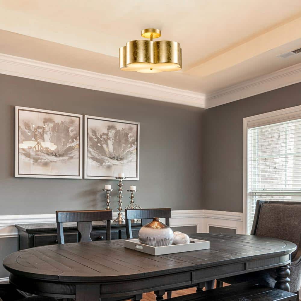 15.35 in. 3-Light Gold Metal Flower Semi Flush Mount Ceiling Light Fixture - Hercitys