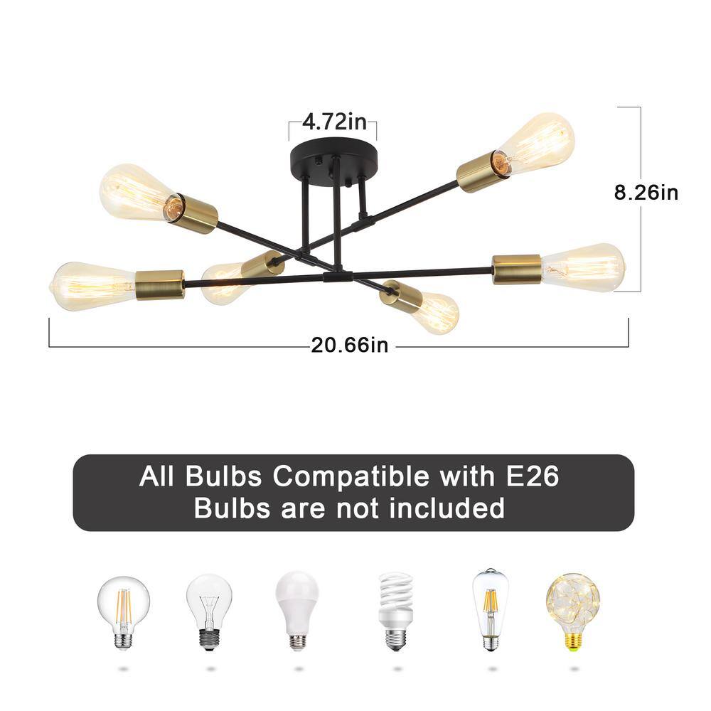 20.66 in. 6-Light Black and Brass Sputnik Modern Semi-Flush Mount Ceiling Light - Hercitys