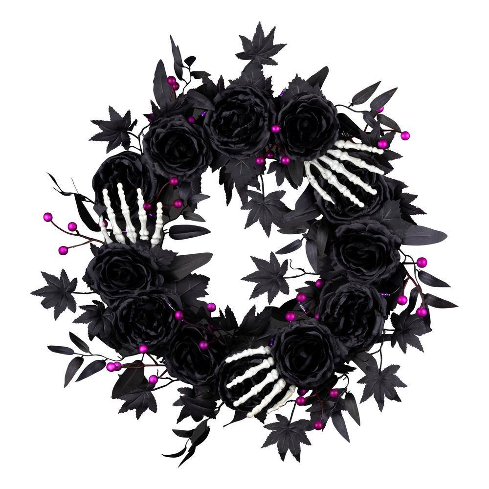 24 in. Bad to the Bone Halloween Wreath with 30 Purple LED Lights - Hercitys