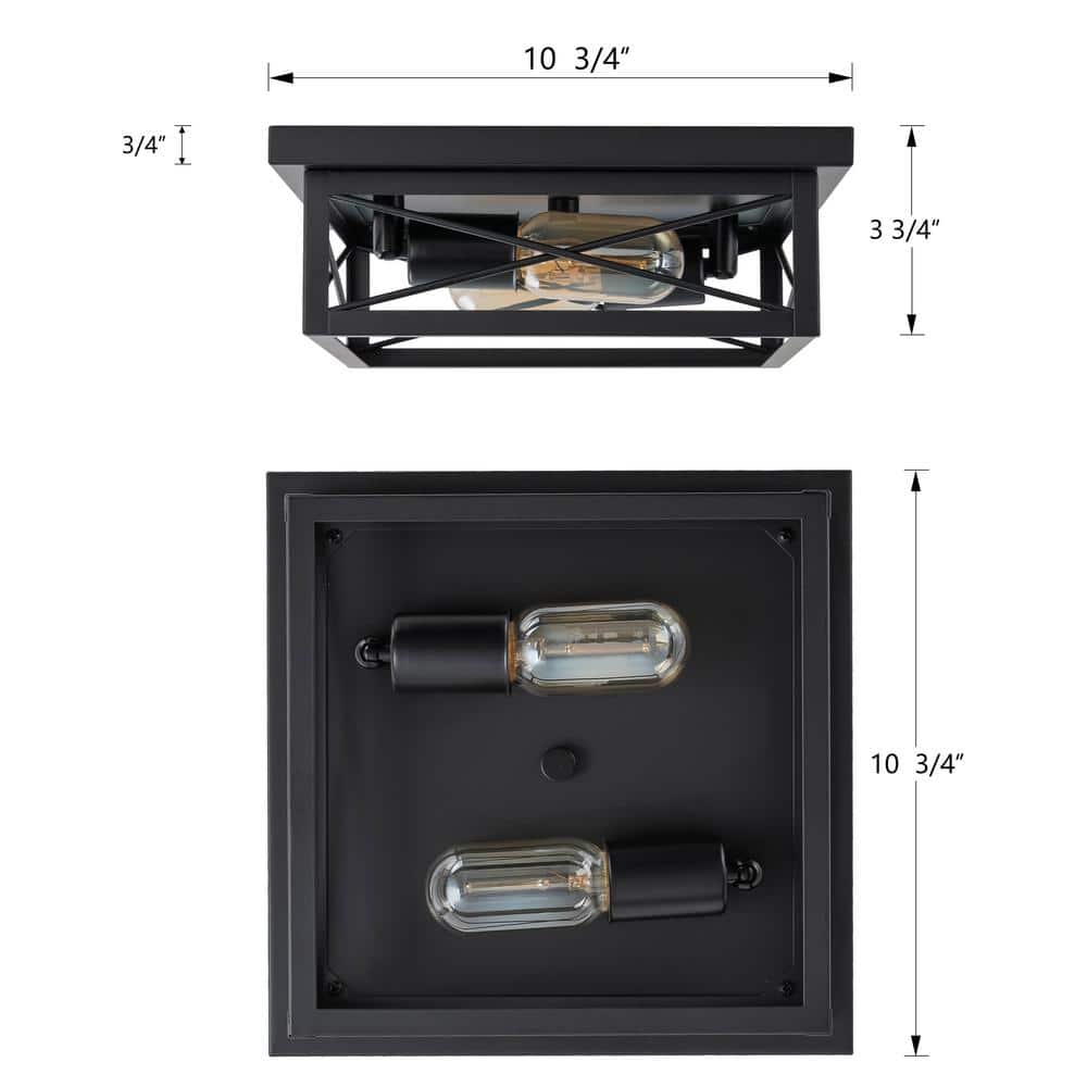 10.75 in. 2-Light Industrial Black Square Flush Mount Ceiling Light with Turnable Light Cap, No Bulb Included (2-Pack) - Hercitys