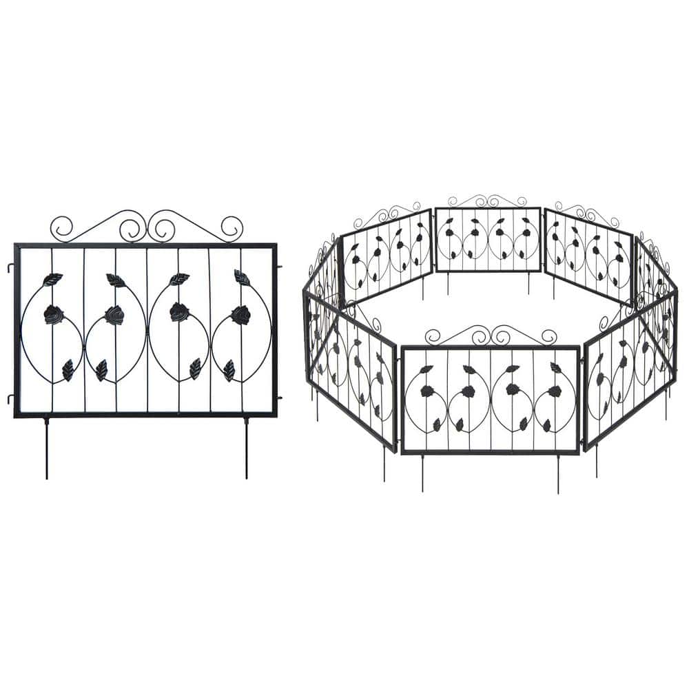 23 1/2 in. H Black Decorative Metal Garden Fence, Rose Design, 8 Panels, 15 ft. L - Hercitys