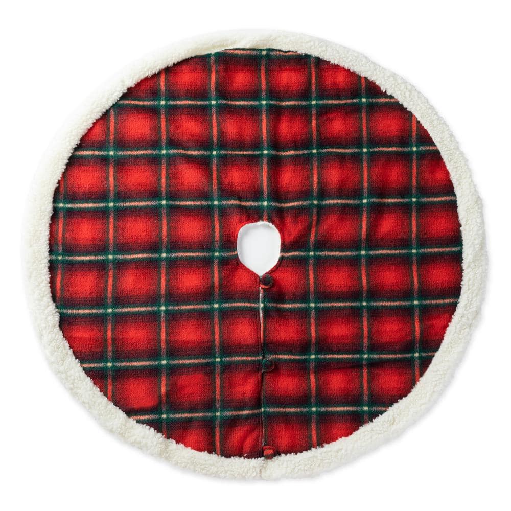48 in. D Red and Black Plaid Reversible Sherpa/Flannel Christmas Tree Skirt - Hercitys