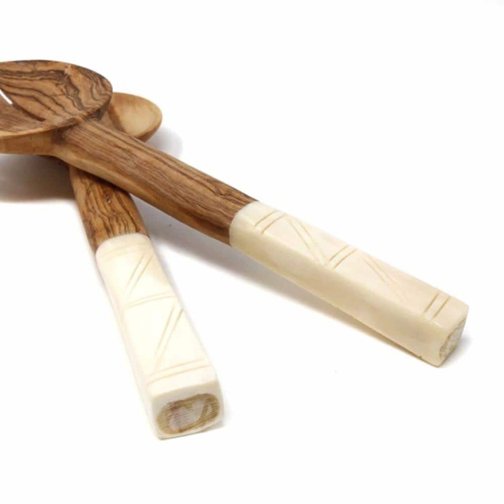 2-Pieces Olive Wood Salad Servers with Squared Bone Handles - Hercitys