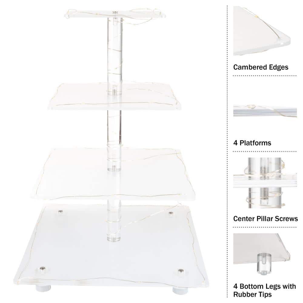 4-Tier Clear Acrylic Square Cupcake Display and Cake Stand with Yellow LED Lights - Hercitys