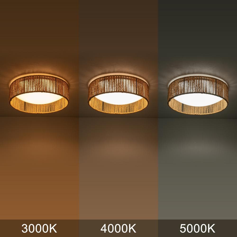 14.25 in. White Dimmable 24-Watt Selectable LED Flush Mount 3000K/4000K/5000K with Paper Rope - Hercitys