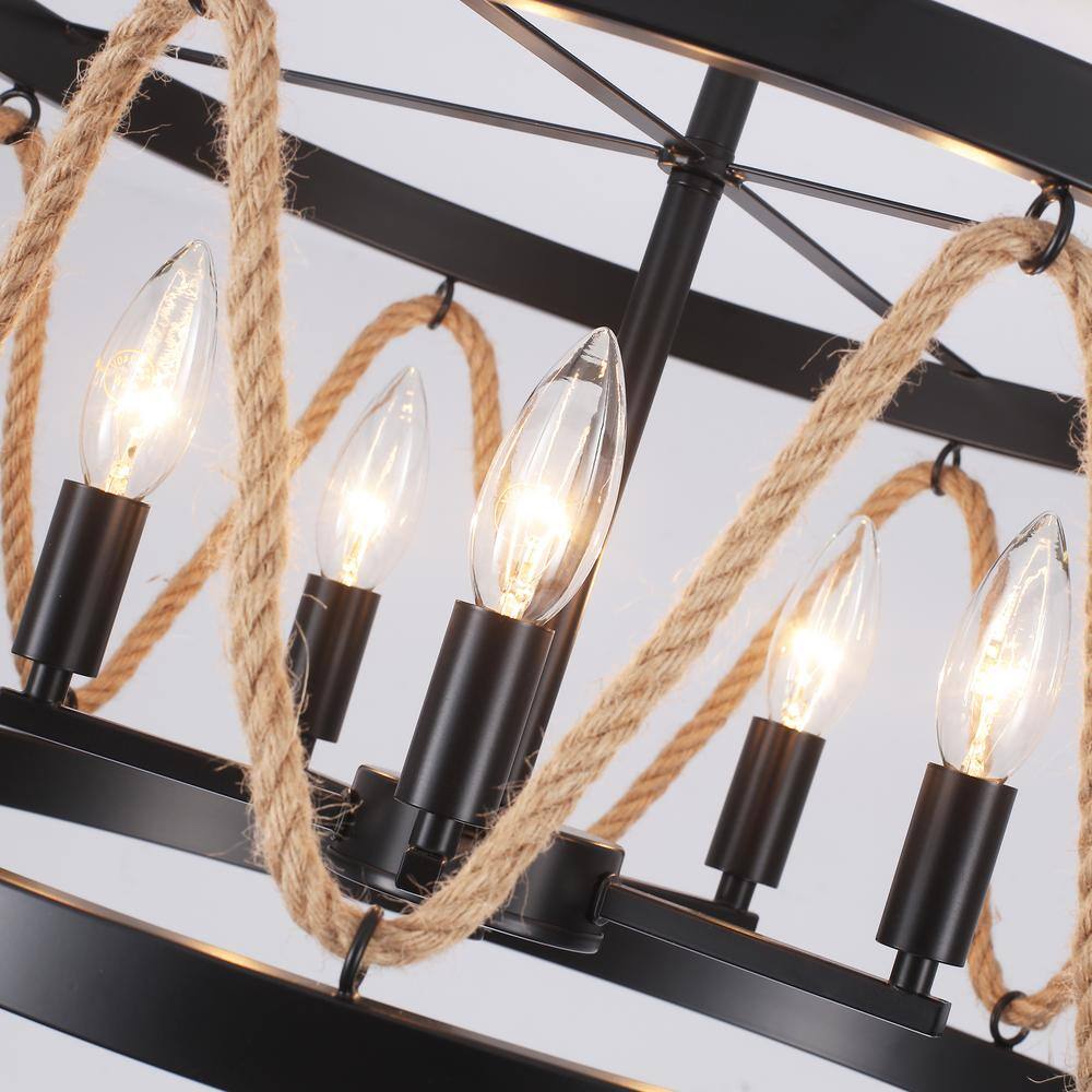 19.68 in. 5-Light Black Drum Metal Hemp Rope Semi-Flush Mount Light，No Bulbs Included - Hercitys