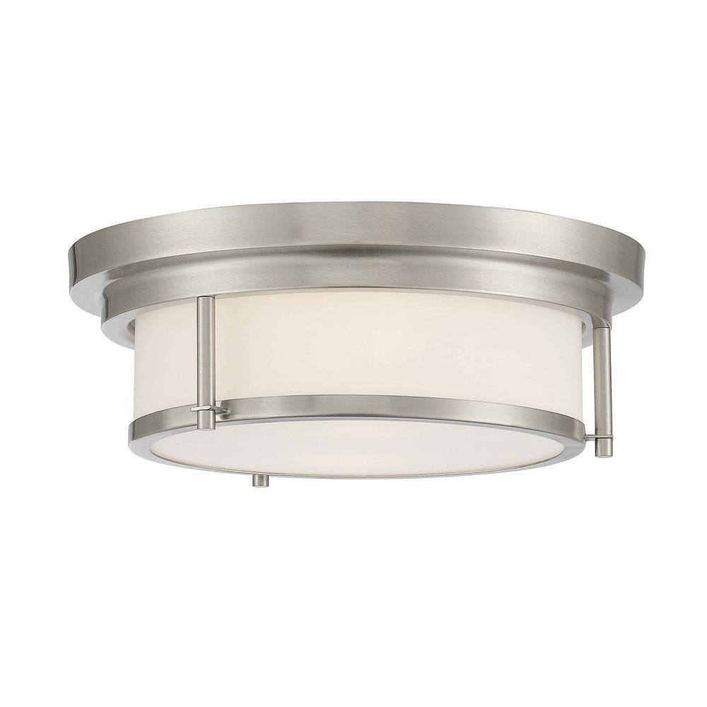 13 in. W x 4.5 in. H 2-Light Brushed Nickel Flush Mount Light with White Glass Cylindrical Shade - Hercitys