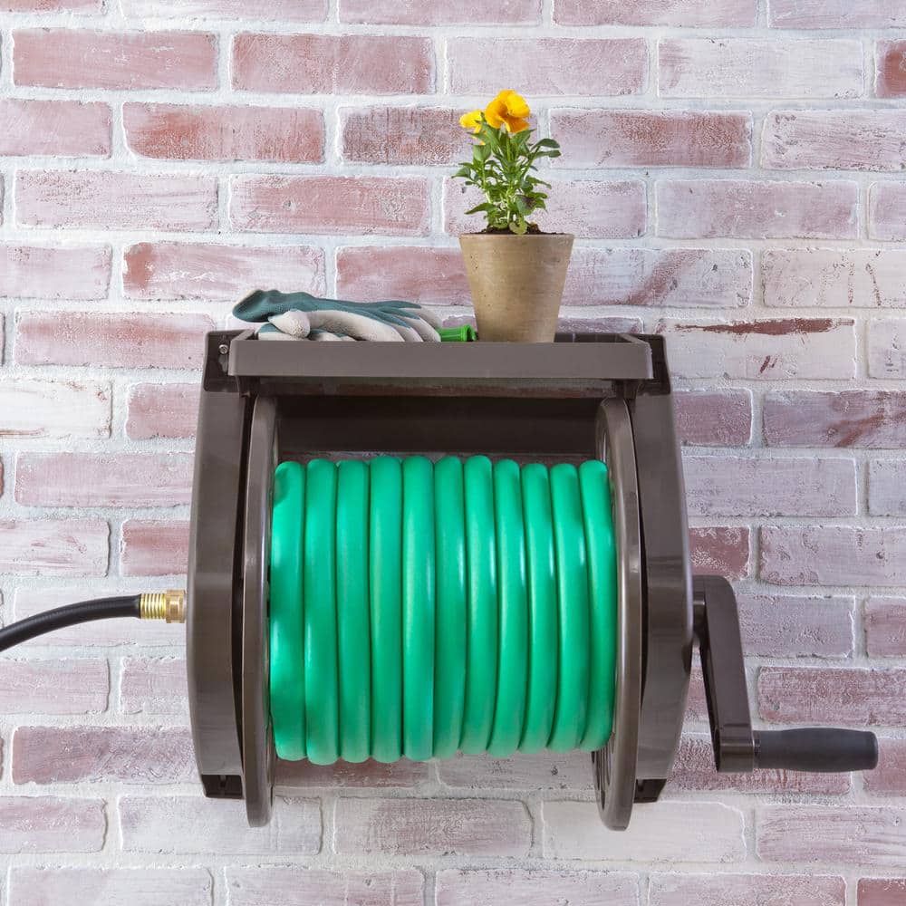 200 ft.  Bronze Resin With Shelf Wall Mounted Garden Hose Reel - Hercitys