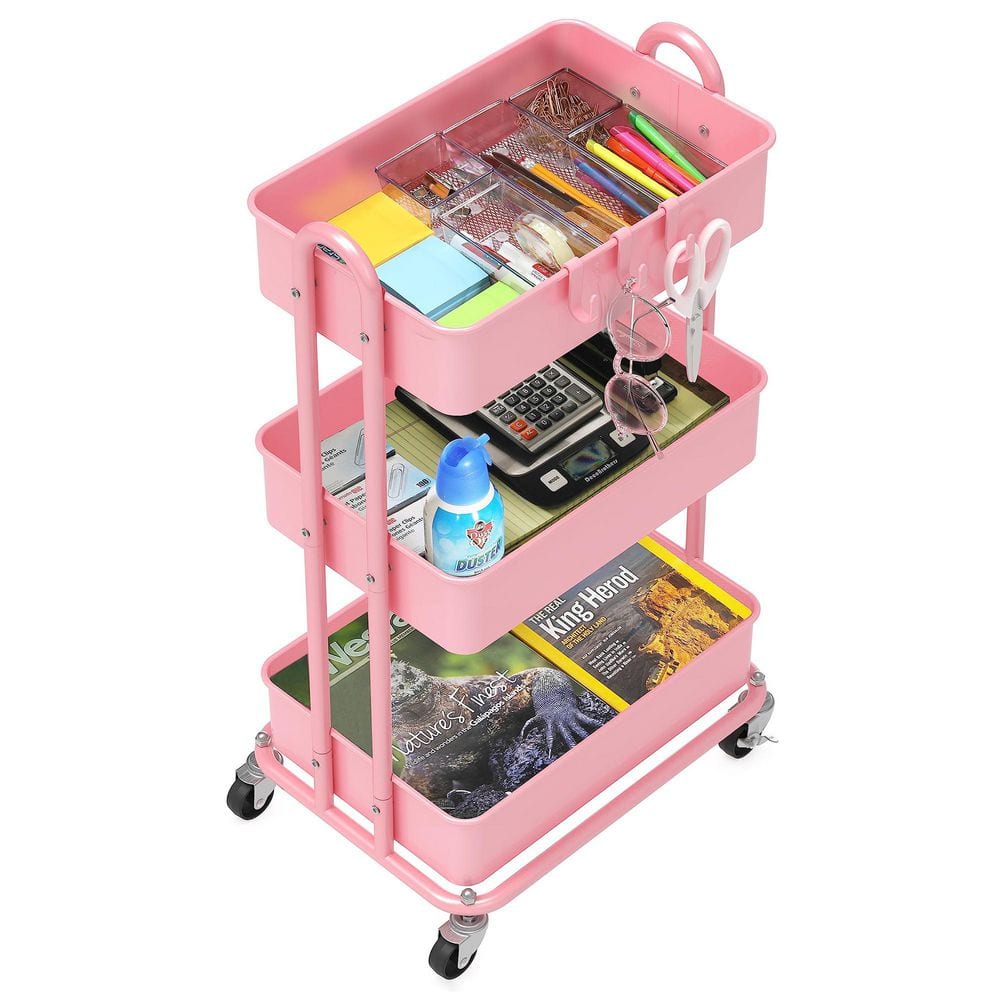 3-Tier Metal -Wheeled Utility Cart in Pink - Hercitys