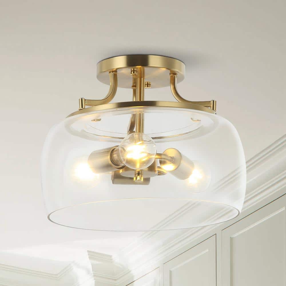 13 in. 3-Light Brass Gold Semi-Flush Mount Ceiling Light Fixture with Clear Glass Shade - Hercitys