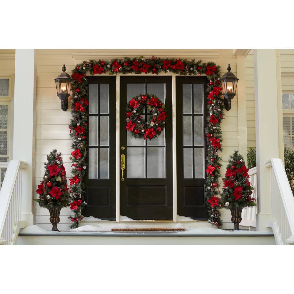 30 in. Red Poinsettia, Berries, Silver and Red Ball and Twig Pine Artificial Wreath - Hercitys