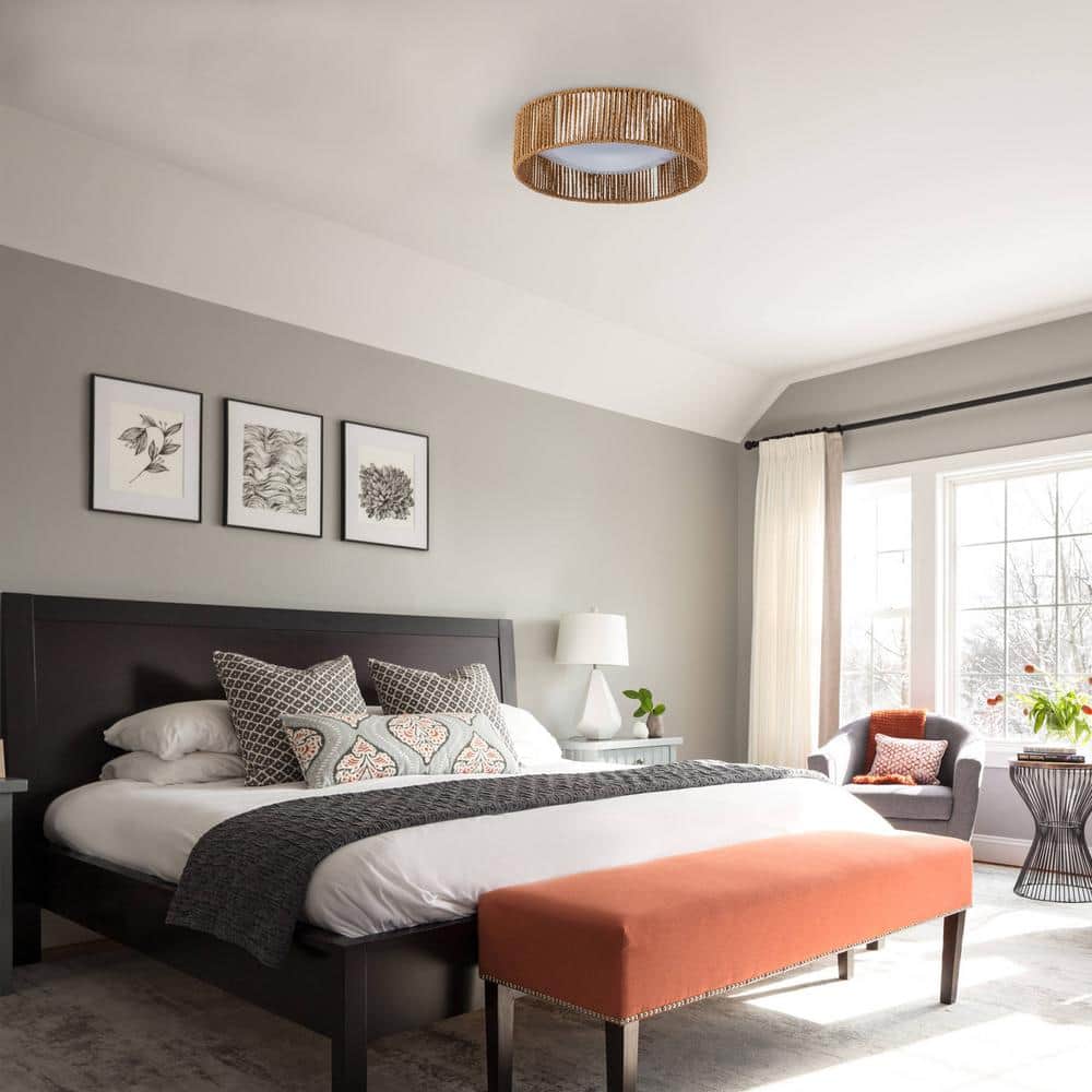 14.25 in. White Dimmable 24-Watt Selectable LED Flush Mount 3000K/4000K/5000K with Paper Rope - Hercitys