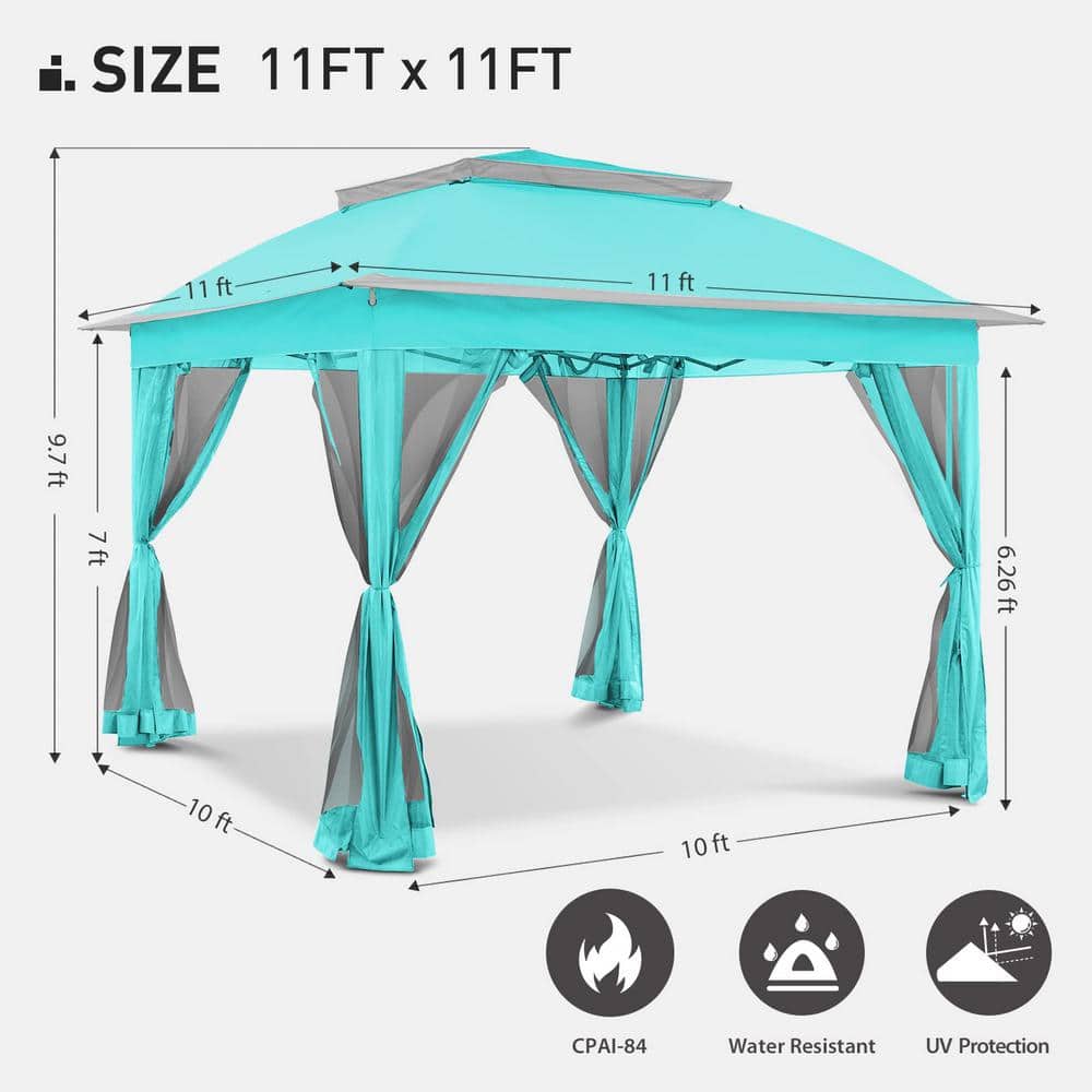 11 ft. x 11 ft. Aqua Blue Canopy Gazebo with Sidewalls, Mosquito Netting for Lawn, Backyard, Patio - Hercitys