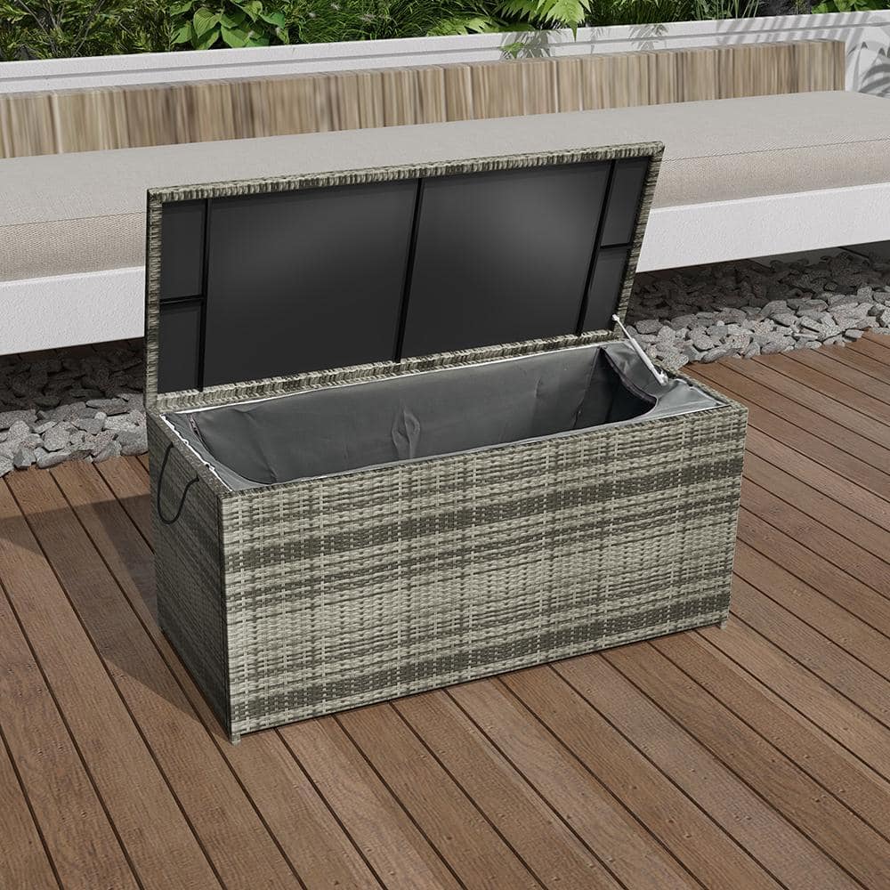 113 Gal. Gray Wicker Patio Deck Box with Lid - Hercitys