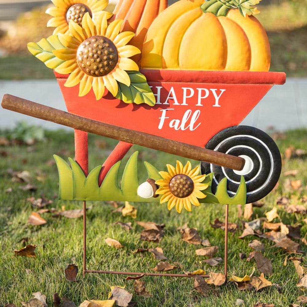 30 in. H Fall Metal Wheel Barrow Pumpkin Yard Stake - Hercitys