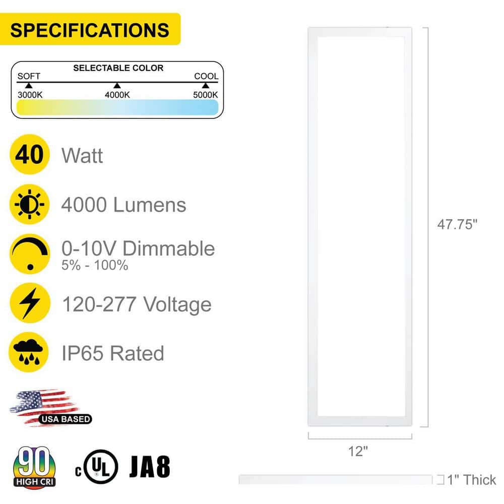 1 ft. x 4 ft. LED Thin Flush Surface Mount Panel W/Built in Internal Driver, 5 CCT 2700K to 5000K, Dimmable, (2-Pack) - Hercitys
