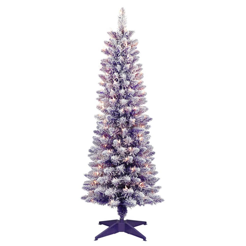 4.5 ft. Purple Prelit Flocked Fashion Pencil Artificial Christmas Tree with 100 Lights - Hercitys