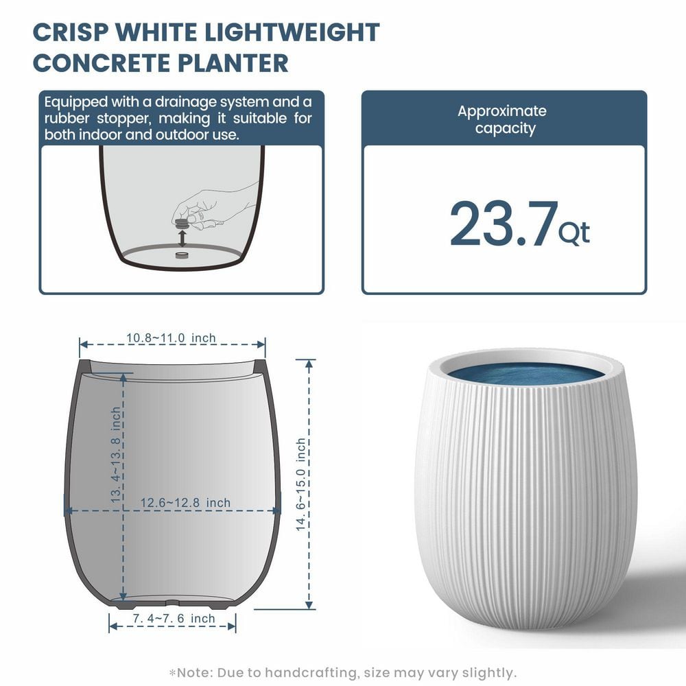 13 in. Middle Crisp White(Premium Inner) Concrete Round Planter/Pot with Drainage Holes - Hercitys
