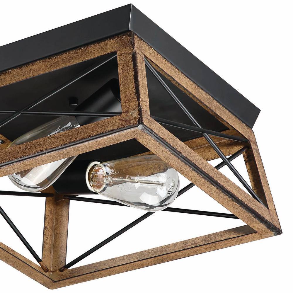 2-Light Barnwood Matte Black Flush Mount Ceiling Light Farmhouse Rustic Rectangle - Hercitys