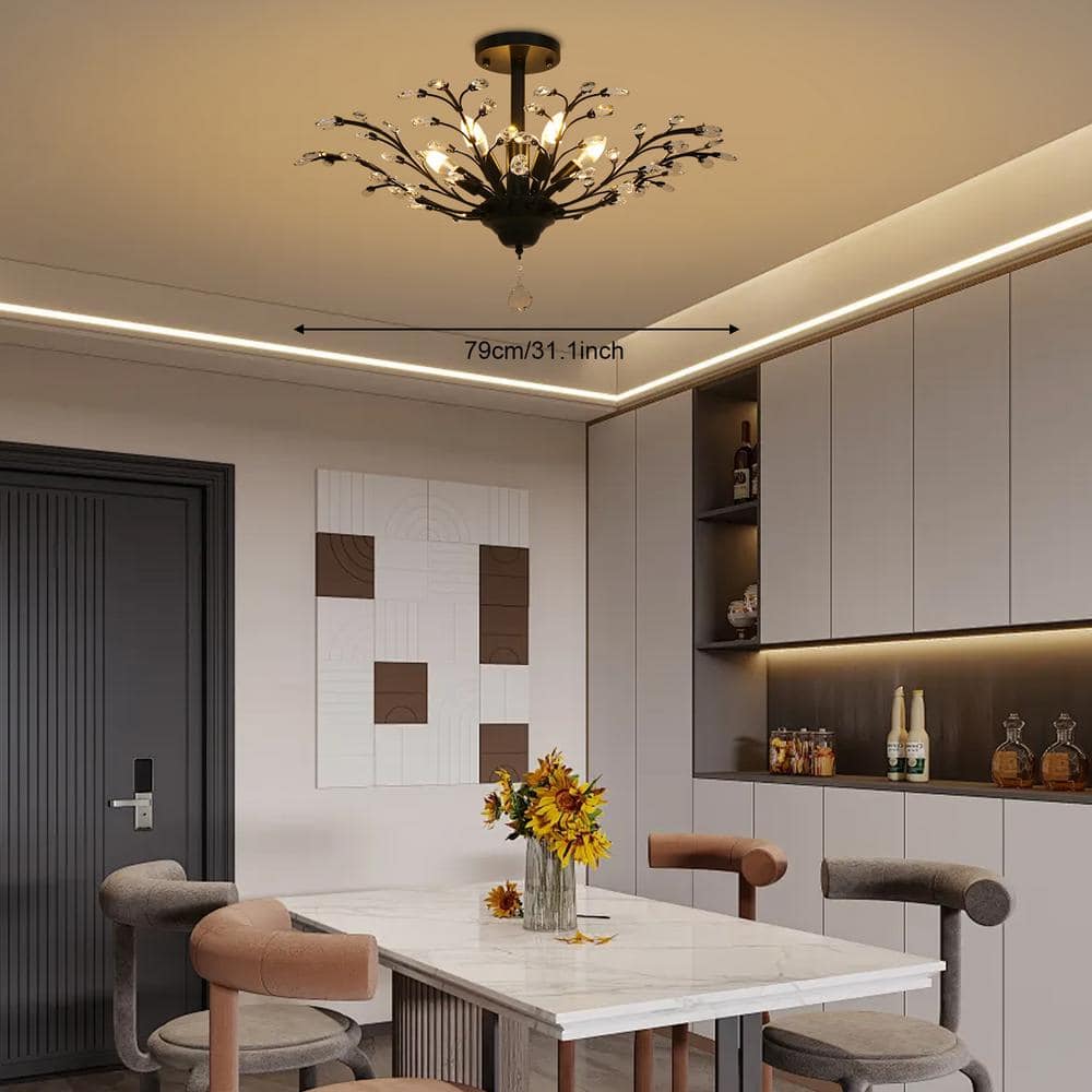 31.1 in. Black Vintage Crystal Branches Design Semi-Flush Mount Ceiling Light for Bedroom Living Room, No Bulbs Included - Hercitys