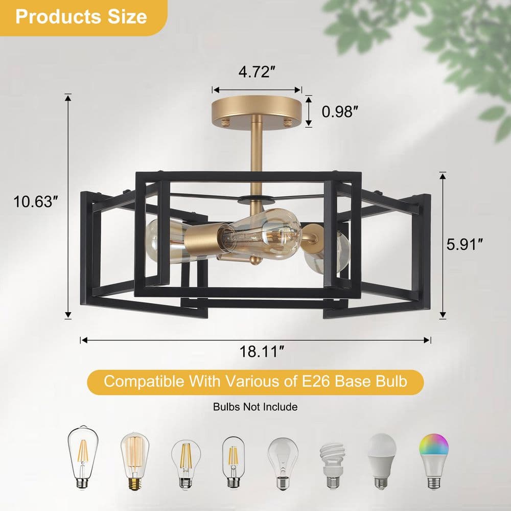 18.11 in. 3 Light Black and Gold Modern Farmhouse Hexagon Semi-Flush Mount Ceiling Light - Hercitys