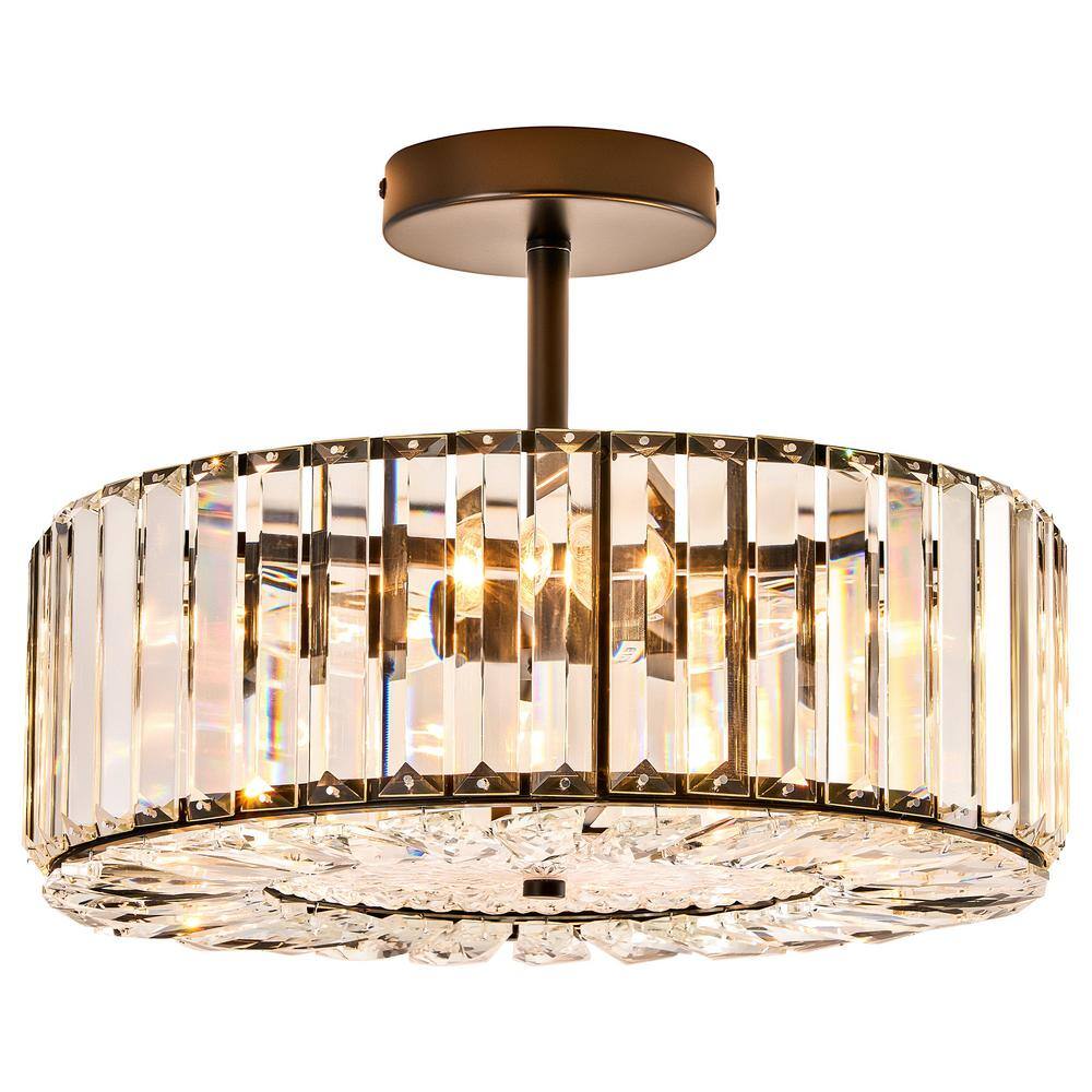 15 in. 4-Light Black Crystal Semi Flush Mount Ceiling Light With Clear Glass Shade - Hercitys