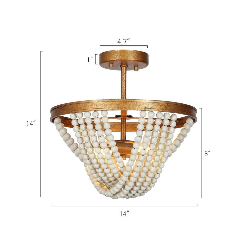 13.8 in. 2-Light Antique Gold Semi-Flush Mount Light with Weathered White Wood Beads - Hercitys