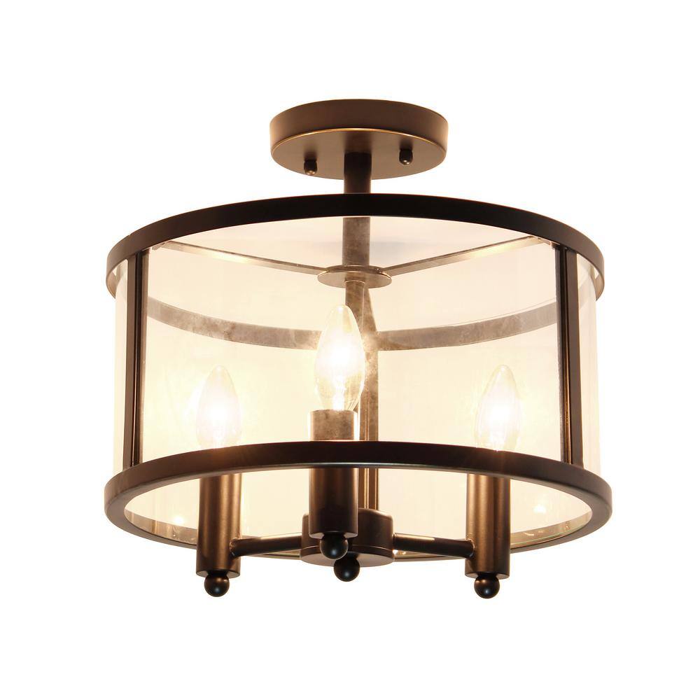 13 in. 3-Light Black Iron and Glass Shade Industrial Ceiling Mounted Round Semi-Flush Mount - Hercitys