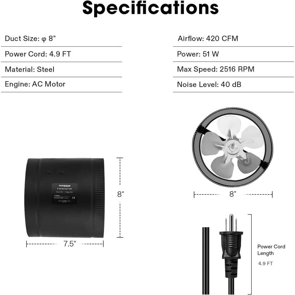 420 CFM 8 in. Inline Booster Duct Fan with Low Noise in Black - Hercitys