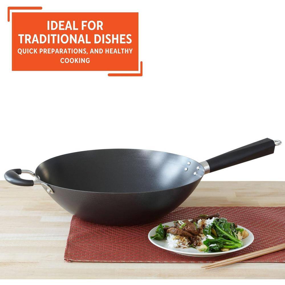 14 in. Carbon Steel Nonstick Wok w/ Bakelite & Triangle Handle, Excellent Heat Distribution Electric Stovetop Compatible - Hercitys