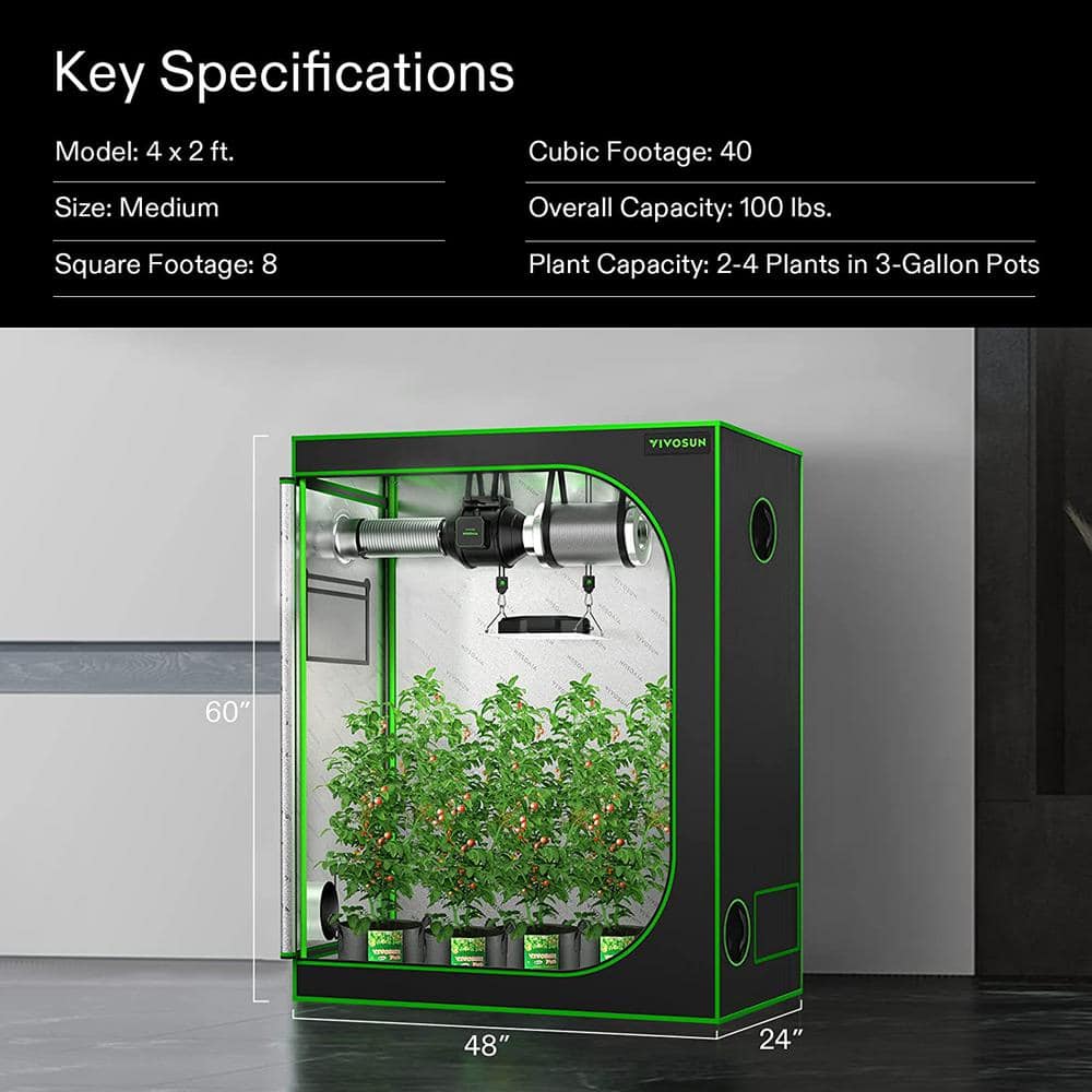 2 ft. x 4 ft. Mylar Hydroponic Grow Tent with Observation Window and Floor Tray - Hercitys